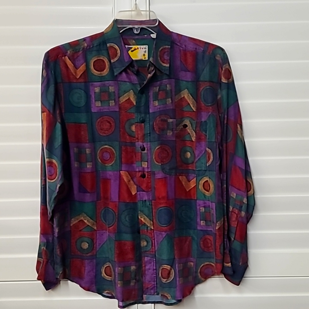 Colorful Geometric Pattern 100% Silk Shirt S Vintage